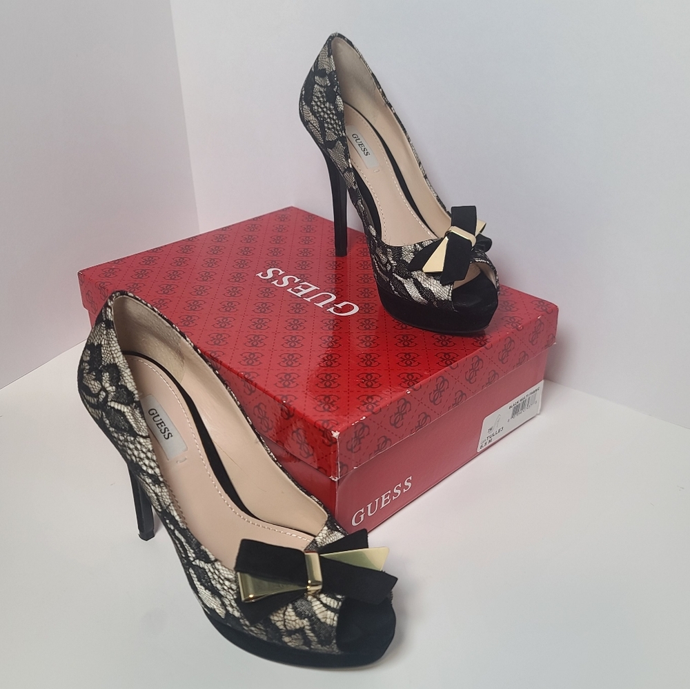Guess Platform Peep Toe High Heel Pumps Black Lace Over Champagne Gold, 6.5M - Picture 1 of 15